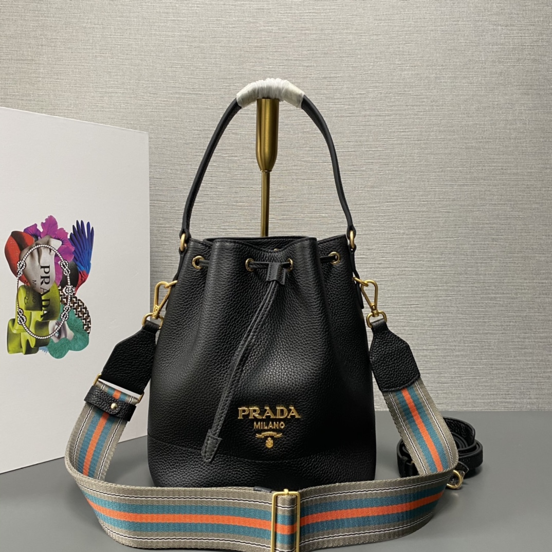 Prada Leather Bucket Bag Shoulder Bag Handbag Black 1BE018